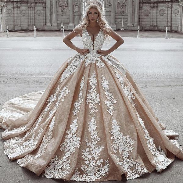

gorgeous 2021 champagne lace ball gown wedding dresses appliqued sparkly princess dubai arabic bridal gowns v neck vestidos de novia al8259, White