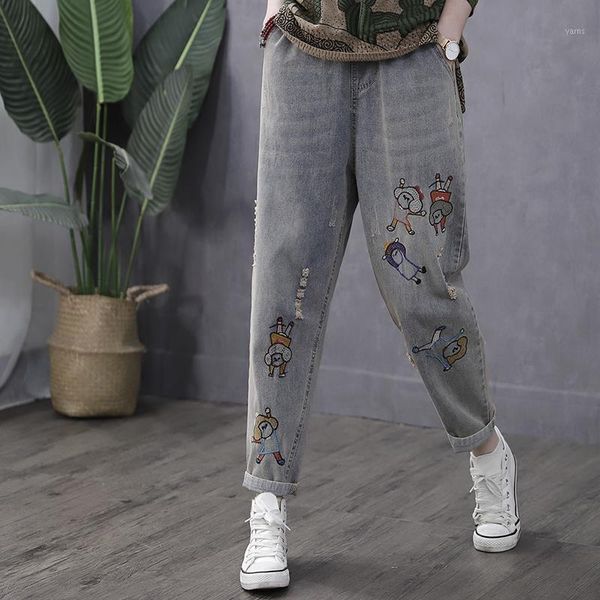 

new art style women elastic waist casual vintage hole jeans loose embroidery women cotton harem pants a091, Blue