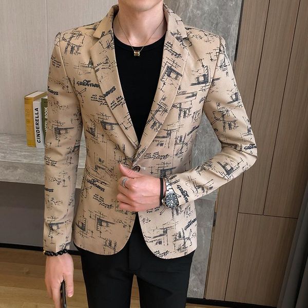 

blazer men printed suit jacket new male 2021 korean style slim fit casual men fashion trend dress suit asias size, White;black
