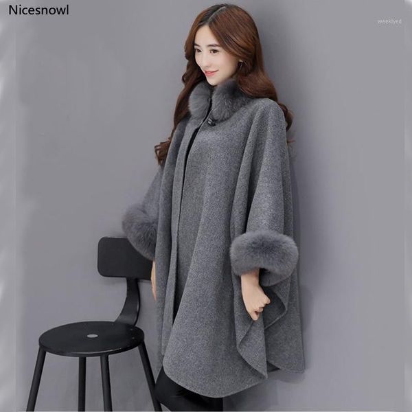 

new arrivals women fur collar long wool coat elegant women cloak shawl jacket plus size female winter outwear1, Black