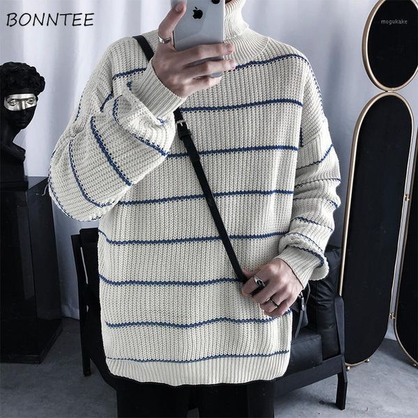 

autumn men turtleneck sweater striped loose paneled couple simple all-match knitted sweaters trendy teenager leisure outwears1, White;black