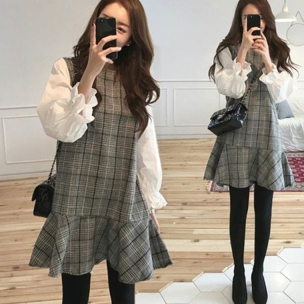 

spring and autumn 2020 spring and autumn korean flavor fat mm small fragrant fake two dresses large women's style korean style bottom s, Black;gray