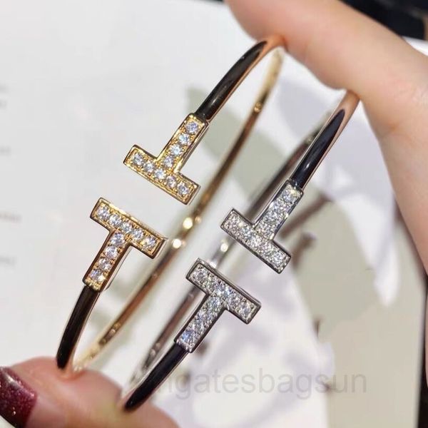 

t home double bracelet 925 sterling silver plated 18k gold diamond inlaid smooth -shaped full of hand, Black