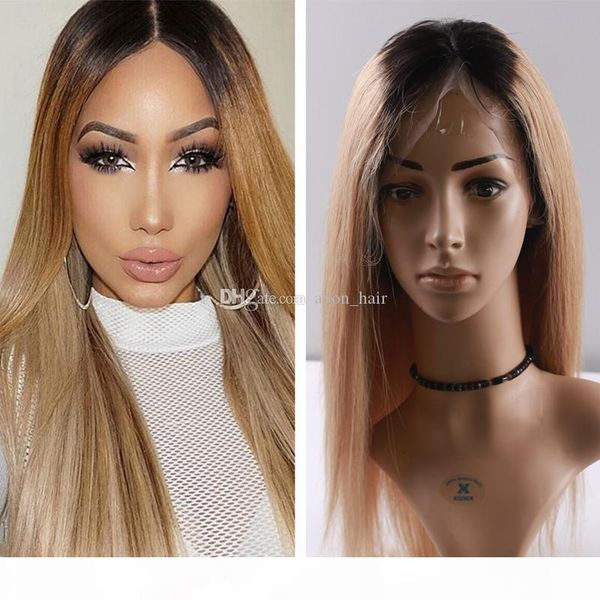 

new #1b 27 silky straight human hair full lace wigs with baby hair ombre blonde hair lace front wig glueless, Black;brown