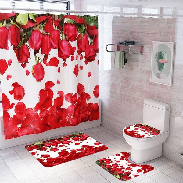 

4pcs red rose pattern shower set rugs non-slip toilet seat cover flower bath mats curtain polyester bathroom rug set1