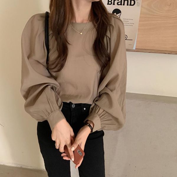 

women's blouses & shirts autumn blouse sweet office ladies o neck puff sleeve full sleeved simple long loose solid, White