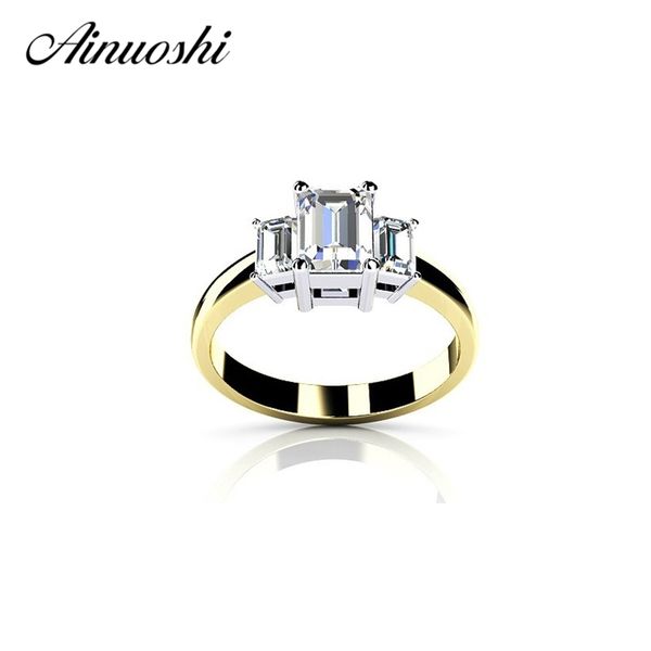 

ainoushi 3 stone rectangle emeraled cut ring lab created ring 925 sterling silver women wedding engagement anniversary bijoux y200106, Slivery;golden