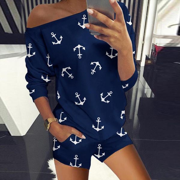 

womens fashion suit round neck anchor print long sleeve and shorts casual two piece suit 2020 style womens dress, Gray