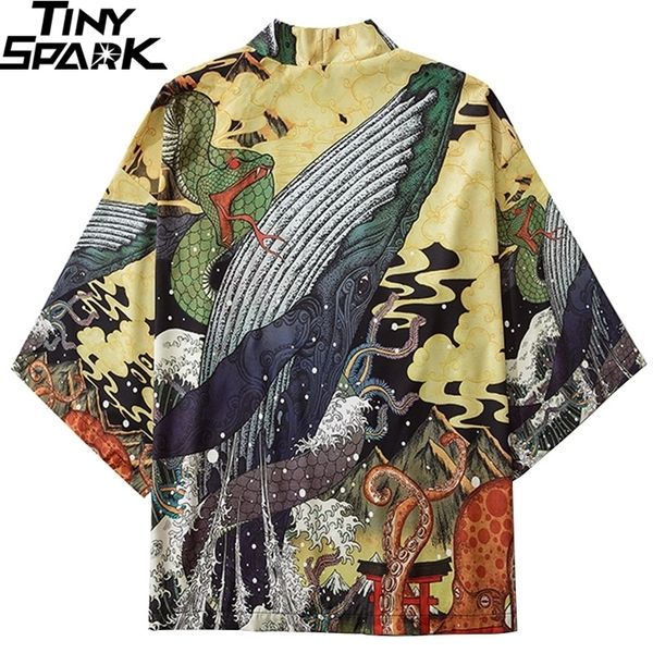 

japanese kimono jacket fighting snake whale harajuku hip hop men japan streetwear jacket summer thin clothing loose kimono 201120, Black;brown