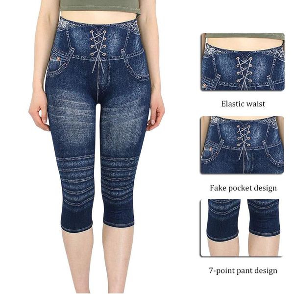

faux jeans leggings women stretch printed short leggins plus size calf-length pants summer breeches high waist jeggings, Black