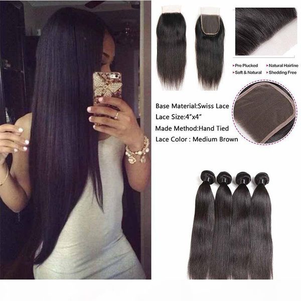 

remy 9а бразильский прямые волосы с 4x4 lace closure объемная волна волос пучки с 4x4 lace закрытие дешевые волос утки с закрытием, Black;brown