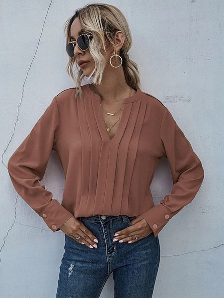 

notched neck pleated decoration blouse c7ys#, White