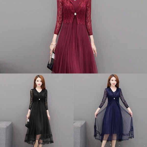 

bmsyo lace dress women's middle long style over the kneeautumn dresslace a-line slim sleeve long fit broad wife temperament noble new d, Black;gray
