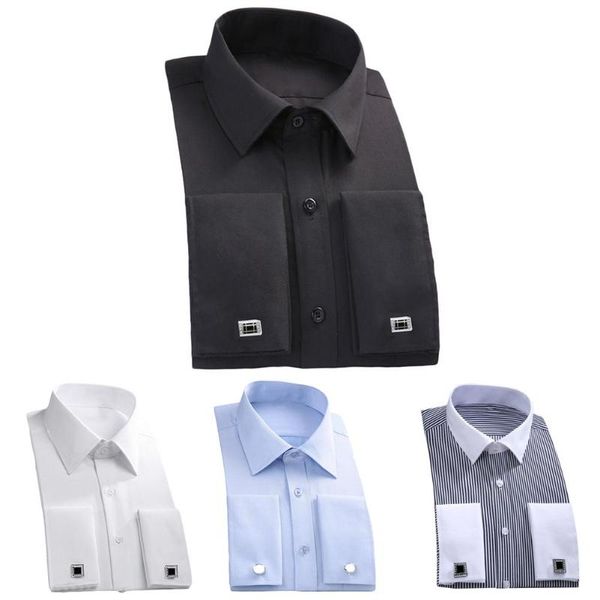 

fashion men french cuff long sleeve cotton business shirt with cufflinks male social casual business white black shirt