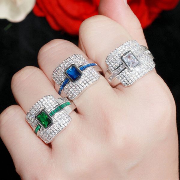 Tamanho 6-9 Anéis de joias de designer de luxo AAA zircônia cúbica cobre ouro prata cheio CZ diamante branco azul verde pedras preciosas para festa de casamento feminino anel de diamante presente