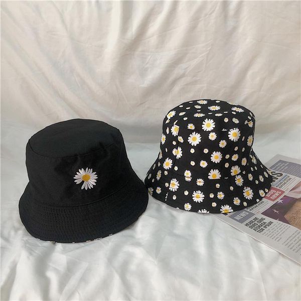 

wide brim hats double face bucket hat daisy flower printing travel sun cap women spring summer outdoor foldable female sunbonnet visor 2021, Blue;gray
