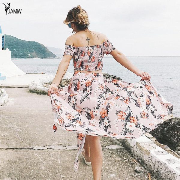 

print summer women tracksuit two piece set slash neck ruffles crop +split long skirts beach maxi skirts suit1, White