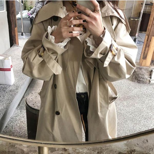 

2020 spring autumn loose cotton long women trench coat plus size double breasted windbreaker vintage korean ladies overcoats1, Tan;black