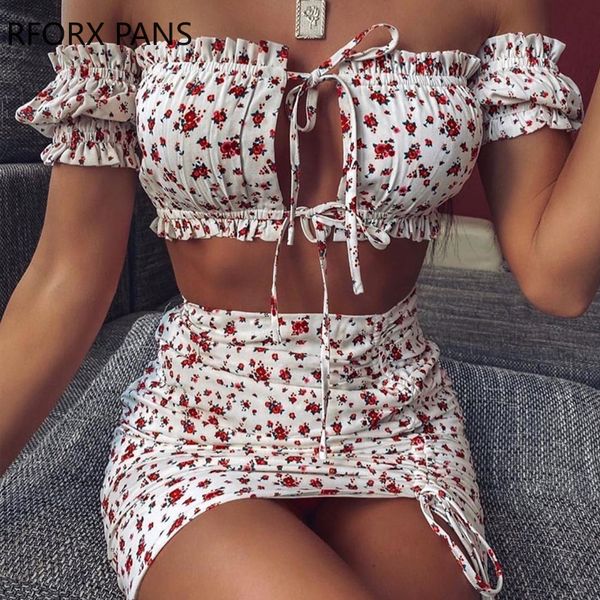 

женщины костюм цветочные tie front crop short top mini skirt set summer suit x0923, Gray