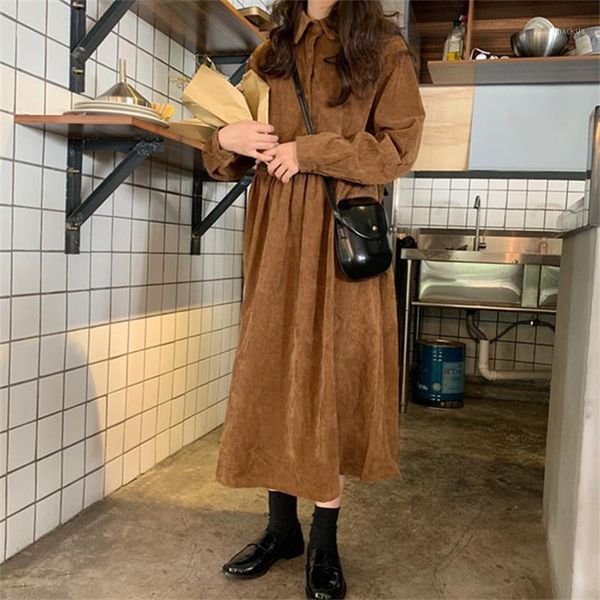 

chic student loose corduroy long sleeve dress1, Black;gray