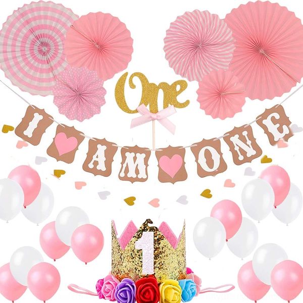 

0npig 1-year-old party decoration blue am one national flagflag pink i crown hat paper fan party 1-year-old set decoration national am one i