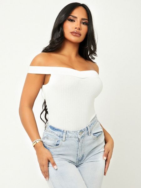 

off shoulder rib-knit f0l4#, White