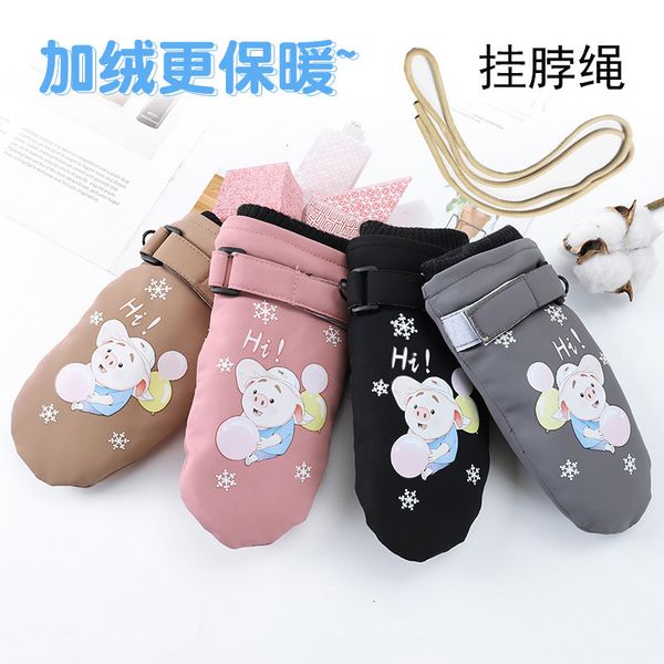 

children's skiing winter plush warm cartoon hanging neck rope windproof waterproof outdoor gloves with fingers rt-3, Blue;gray