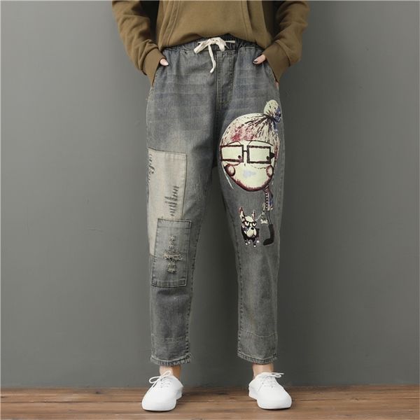 

women spring fashion brand vintage cartoon dog little girl print denim jeans female casual frayed harem pants trousers lj201013, Blue
