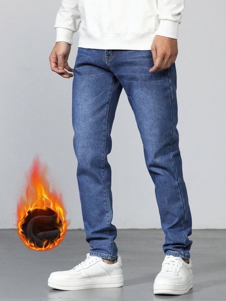 

men slant pocket thermal lined jeans r9st#, Blue