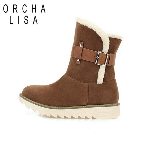 

boots orchalisa winter warm mid-calf snow round toe 3cm platform flock slip on buckle big size 35-43 apricot black daily c2065