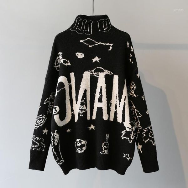 

pullover high neck sweater women 2019 new korean version loose slouchy english letter medium long fashion pullover1, White;black