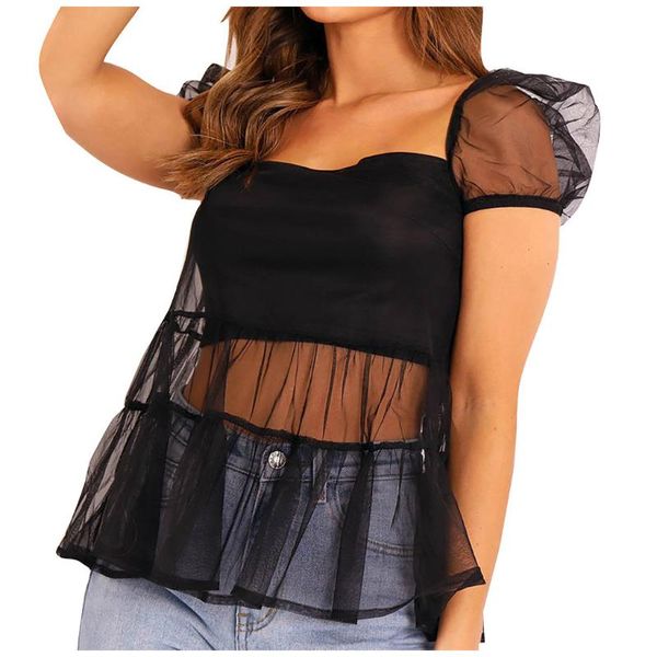 

women's blouses & shirts jaycosin women puff sleeve blouse clothing summer fashion casual chiffon solid color square collar mujer, White
