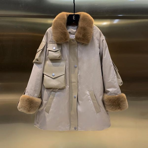 

women's fur & faux european station collar sheepskin stitching down jacket leather loose coat 2021 autumn and winter, Black