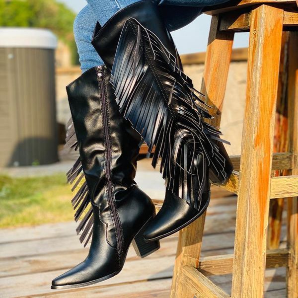 

tassel toe pointed women mid calf boots 2020 autumn winter ladies high heel woman pump women's zip female leather shoe plus size1, Black