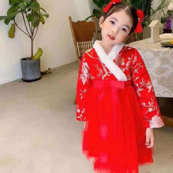 

sle girls' hanfu skirt plush flower ethnic year drs 21 winter new children's wear mifubp92, Red;yellow