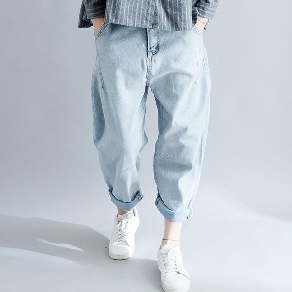 

women's jeans 2021 summer pattern solid color will code suit-dress increase fertilizer enlarge fat mm easy pants, Blue