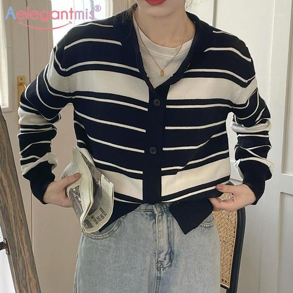 

aelegantmis korea fashion women color contrast striped sweater cardigan vintage blue white female knit cardigan casual basic1, White;black
