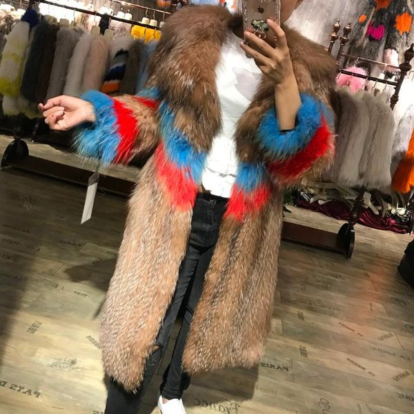 

women's fur & faux women long raccoon knitted coat, Black