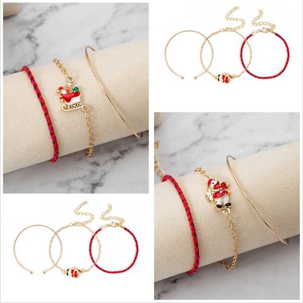 

3pcs/set christmas bracelet gold metal red rope bracelet set santa claus xmas tree snowman wreath pearl pendant christmas gifts, Golden;silver