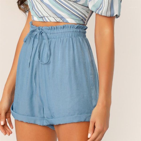 

2020 summer women fashion shorts frill trim drawstring high waist shorts woman ladies elastic waist loose streetwear #6.131, White;black