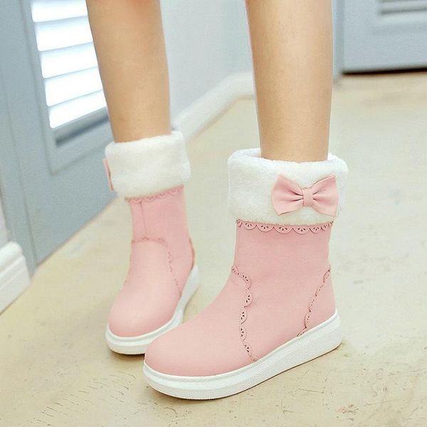 

boots women winter flat platform heel round toe girl's snow solid pu leather ankle woman big size 33-43, Black