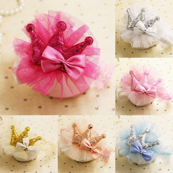 

new crown children's baby hairband chiffon lace flower girls hairband bow elastic headband, Slivery;white