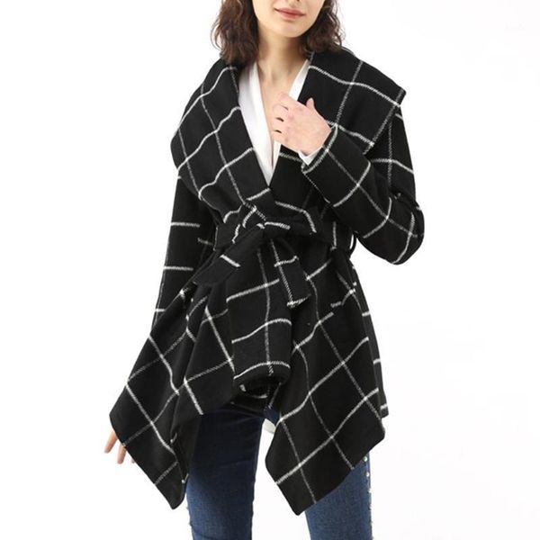 

women's turn down collar wool blend shawl coat 2021 fall winter fleece plaid outerwear long sleeve warm wear1, Black