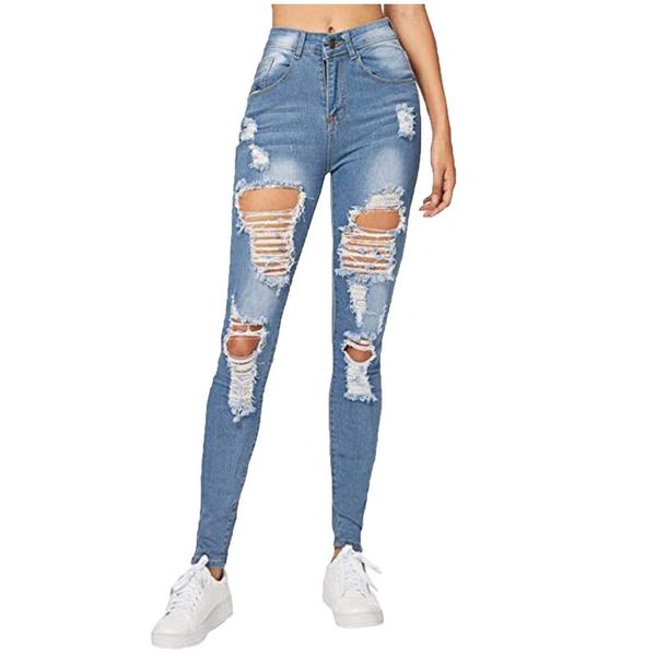 

women's 2021 new fashion chic casual solid colour holes excoriation pocket high-waisted slimming thin jeans long pencil trousers, Blue