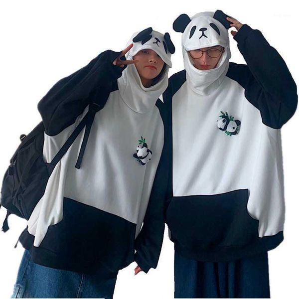 

winter couple matching hoodies women thicken plus velvet kawaii panda shape zipper hooded sweatshirt bamboo print pullover, Black