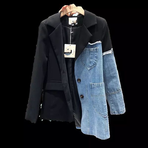 

autumn 2021 loose suit stitching denim coat irregular single breasted slim jacket female fashion tido, White;black