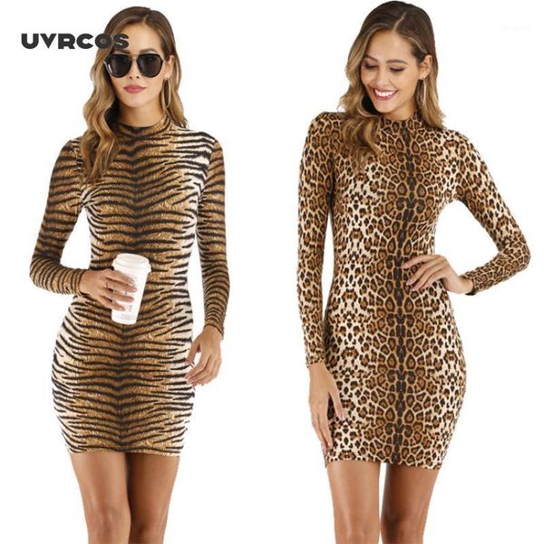 

uvrcos women long sleeve tiger leopard print dress party alternative mini dresses female night club o neck bottoming dress1, Black;gray