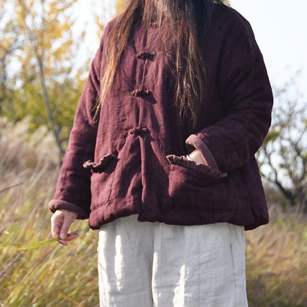 

johnature vintage parkas autumn winter new  stand collar cotton liner coats loose pockets female jacquard parkas coats1, Black