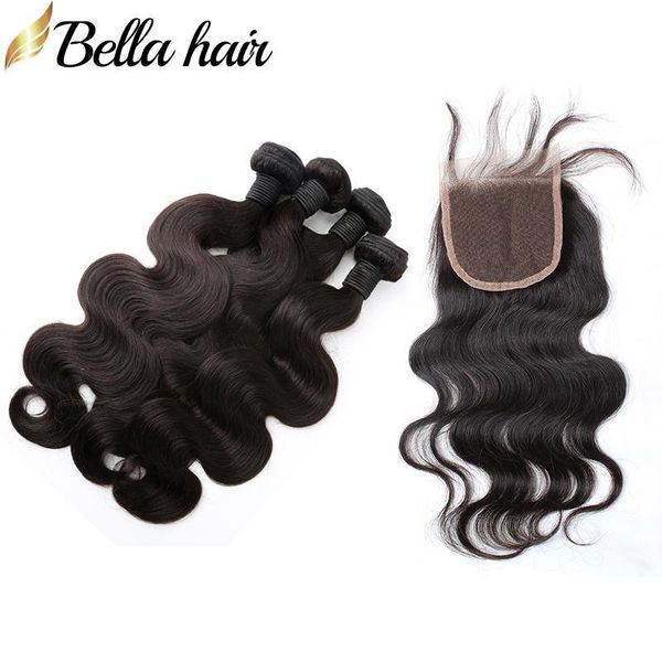 

full head 5pcs 100% unprocessed malaysian human virgin hair weaves with closure body wave 4pcs hair weft+1pc lace closure 4x4 bella hair, Black