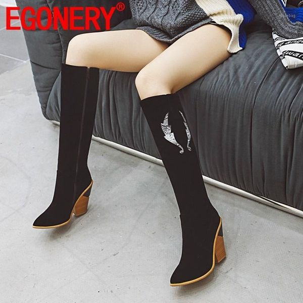 

egonery winter new fashion knee high boots outside high heels pointed toe zipper flock women shoes drop shipping size 33-451, Black